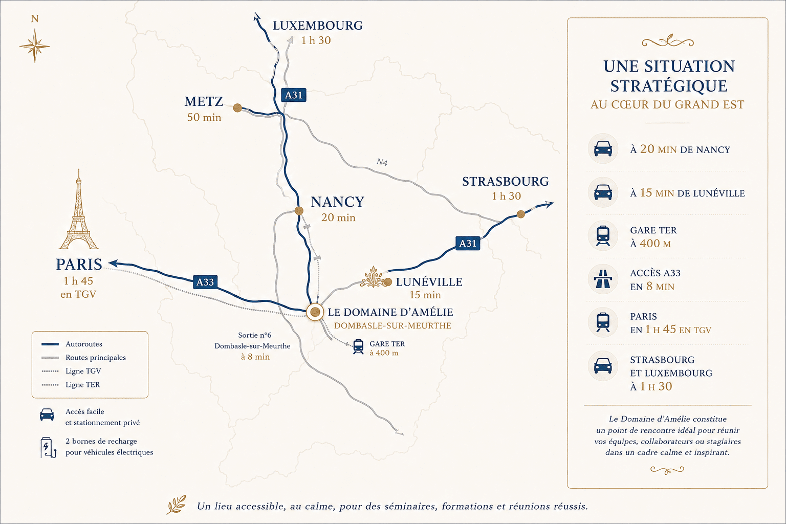 Carte de situation du Domaine d'Amélie – Nancy, Metz, Strasbourg, Luxembourg, Paris